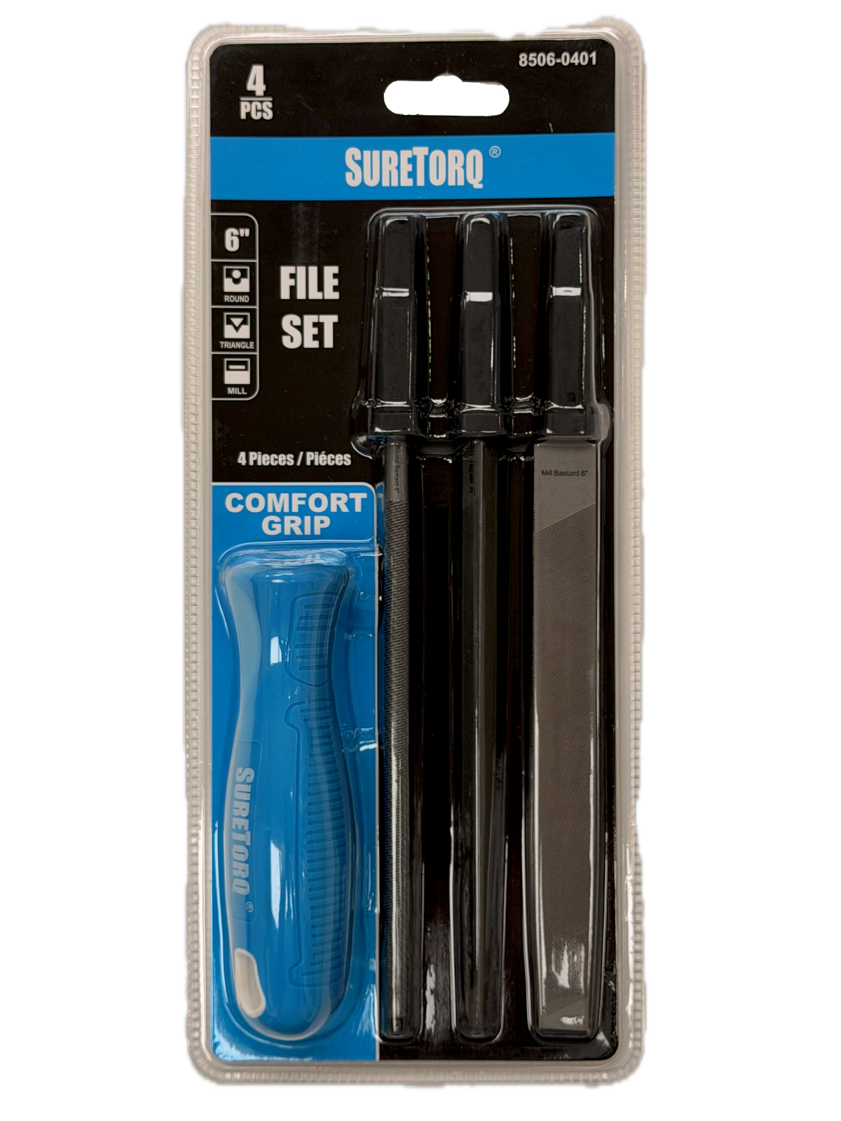 Suretorq 4-piece comfort grip file set in retail blister packaging, featuring three black metal files and a blue comfort grip tool.