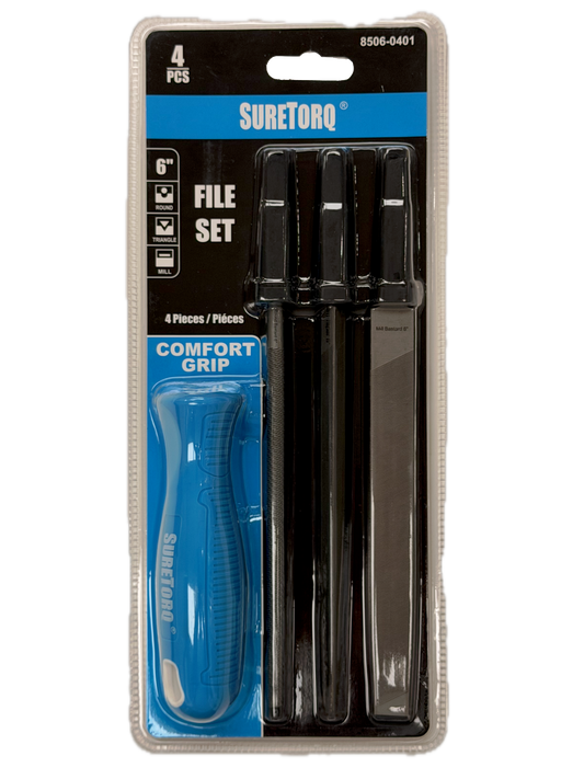 Suretorq 4-piece comfort grip file set in retail blister packaging, featuring three black metal files and a blue comfort grip tool.