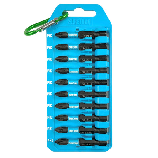 10 Piece Magnetic Impact Phillips Power Bit Set 2" with Carabiner Clip